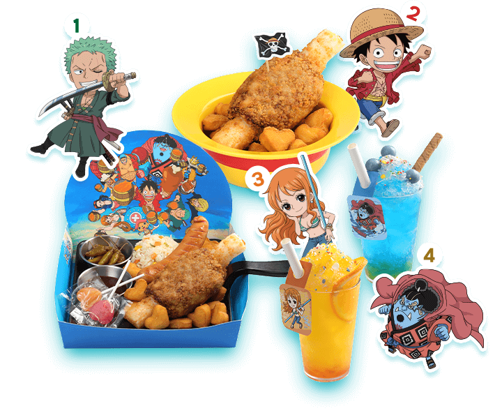 루피의 플레이트, 조로의 삼검류 소떡소떡 꼬치, 나미의 아이스크림, 프랑키의 슬러시